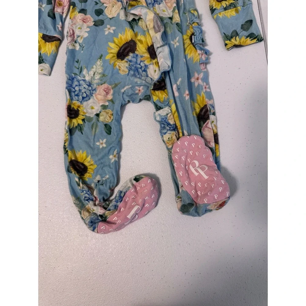 Posh Peanut Blue Sunflower Floral Ruffle Bamboo Footie Sleeper 3-6M Pajamas hh